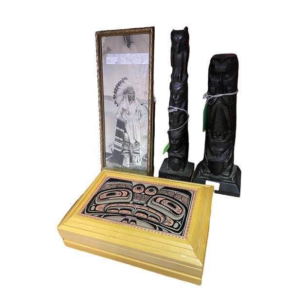 Lot of 4 Native Indigenous First Nations Pieces Totem Poles, Box and Portrait
