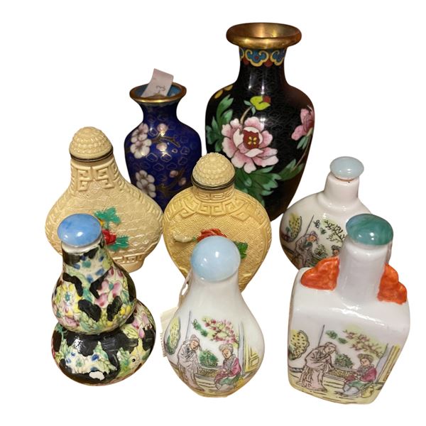 Lot of 8 Chinese Perfume Bottles and Enamel Vases