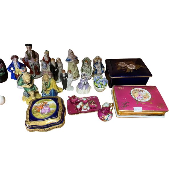 Lot of 17 Mixed Porcelain Figures, Boxes and Miniature Tea Set