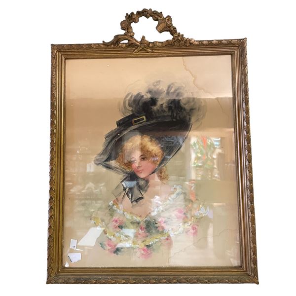 Vintage Victorian Women in Fascinator Hat Pastel Artist Signed 16"x19"