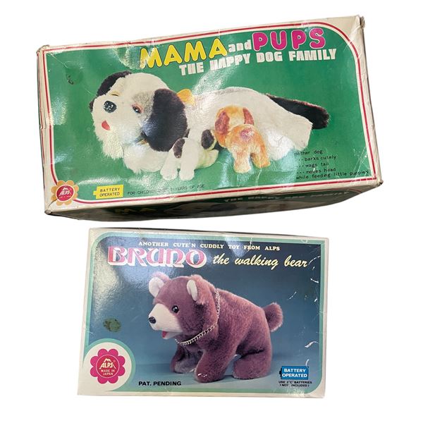 2 Antique Toys Bruno the Walking Bear & Mama & Pups Alps Made in Japan