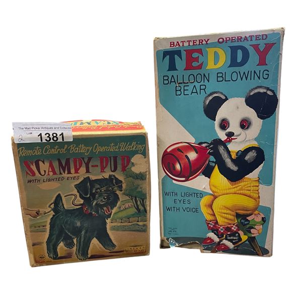 2 Antique Battery Operated Toys Scampy Pup and Teddy Balloon Blowing Bear