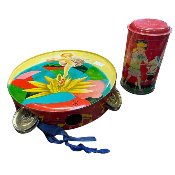2 Tin Toys Post Box and Tambourine