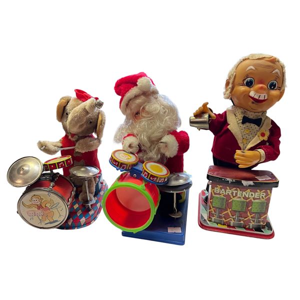 Lot of 3 Antique Battery Operated Toys Santa Drummer Elephant Drummer and Bartender