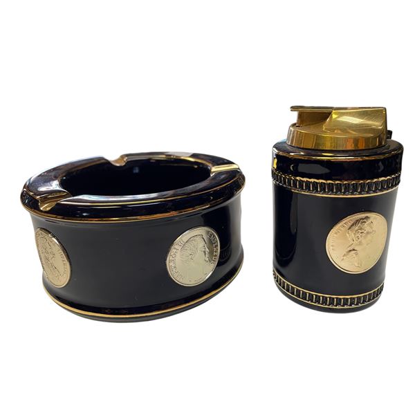 Ronson Handmade Florentine Ceramic Table Lighter and Ashtray Combo