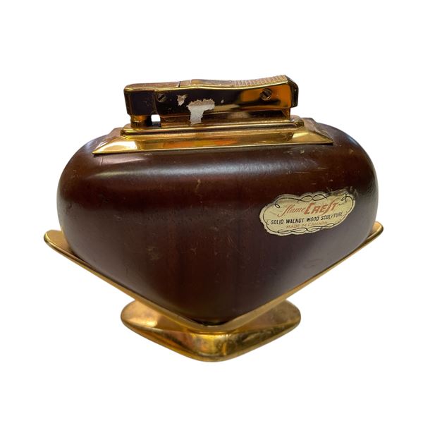 Flame Crest Brass & Solid Walnut Carved Table Lighter
