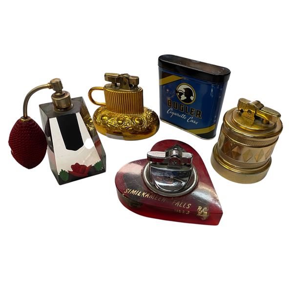 Lot of 2 table Lighters, 1 perfume Spray Bottle & 1 Bugler Metal Cigarette Case