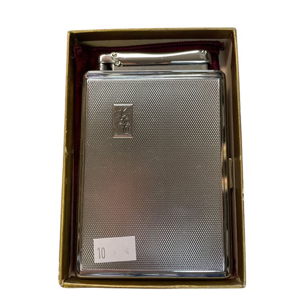 Vintage Classy Calibri Cigarette Case and Lighter Combo Silver Tone Monogrammed w Box