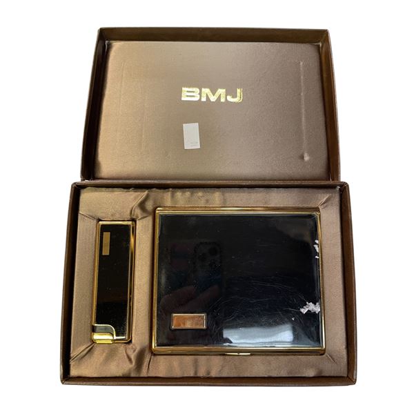 B.M.J. Japan Black & Gold Tan Cigarette Case and Lighter Combo W Box