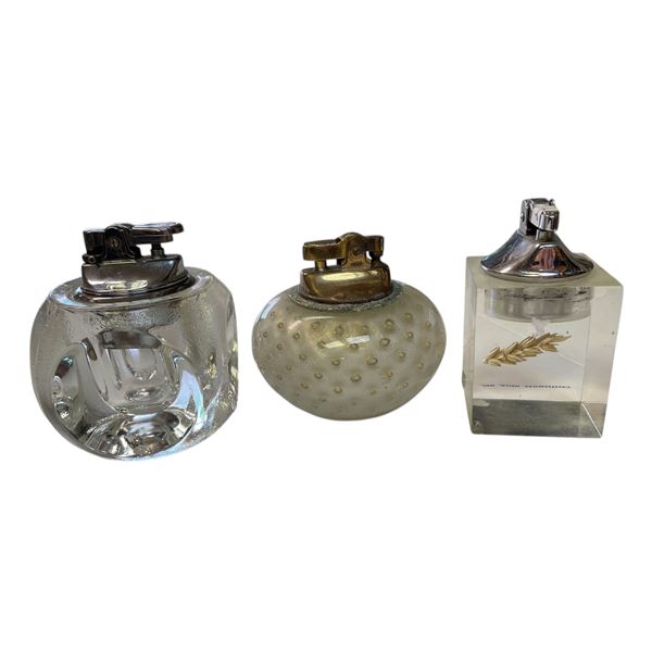 Lot of 3 Vintage Table Lighters Centennial Mills Acrylic, Art Deco Glass & Murano Glass