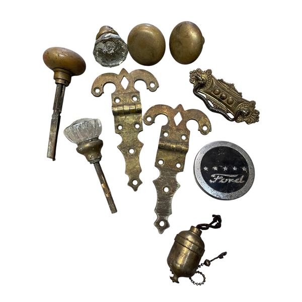 Reckitt's Bag Blue Box of Antique Brass and Glass Pulls, Knobs and Hinges