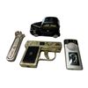 Image 1 : Collection of 3 Lighters and 1 Porcelain Car Box (Nibo Golf Lighter, Wrench Lighter and Gun Lighter)