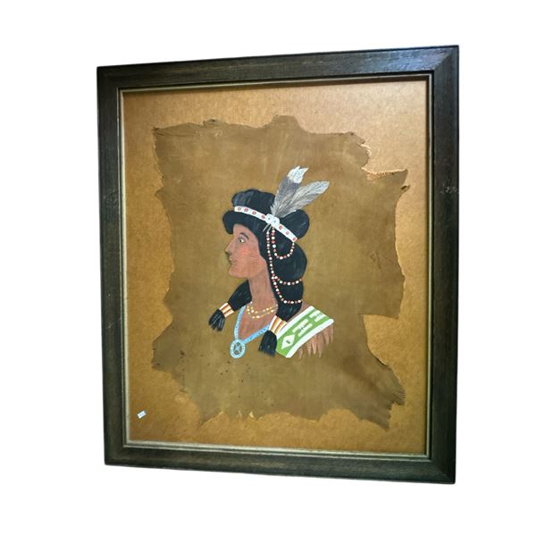 Framed Vintage First Nations Original Painting On Hide