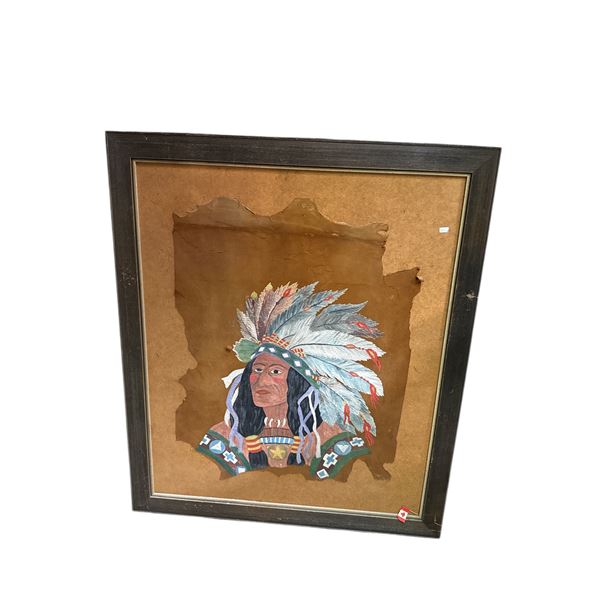 Framed Vintage First Nations Original Painting On Hide