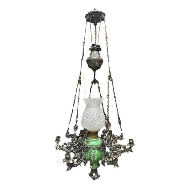 Vintage Reproduction Enameled Candelabra/ Oil Lamp With Pulley Feature