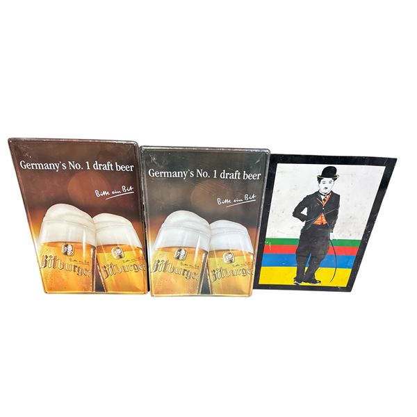 3 Vintage Tin Signs: Charlie Chaplin & Bitburger Beer