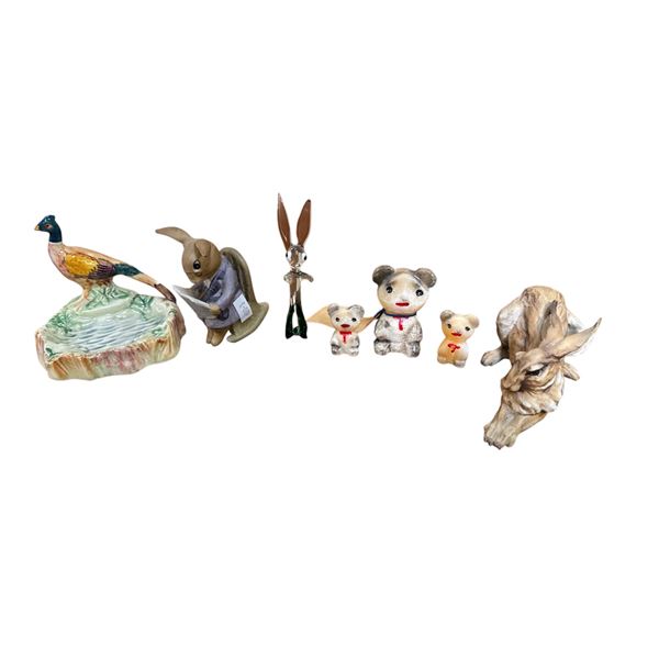 Assorted Porcelain Collectibles, Art Glass Rabbit, Quartz Bears