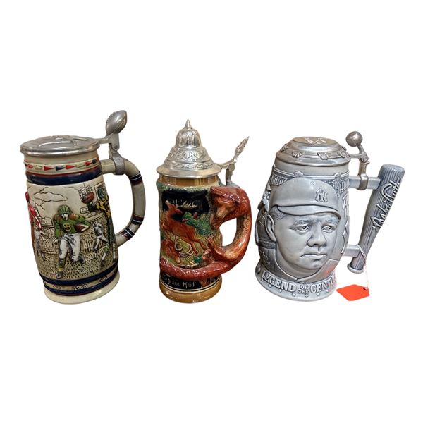 3 Vintage Steins: Football, Babe Ruth Baseball, & Animal Motif