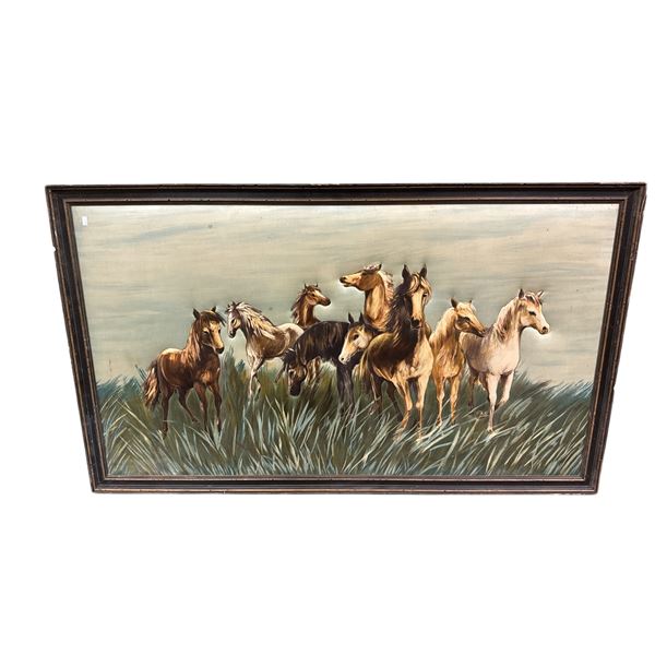 Large Vintage Framed Embroidered Horse Art On Cloth