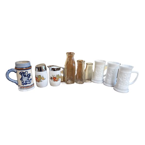 Milk Glass Steins, Sugar/Syrup Dispensers, Vintage Milk Bottles