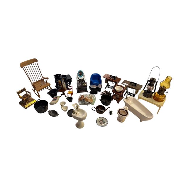 Assorted Miniature Furniture & Doll Accessories: Oil Lamps, Bath Tub, Stove, Chairs, Vanity, & More