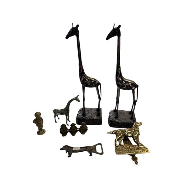 Assorted Collectibles: Metal Giraffes, Hear see Speak No Evil Monkeys, Weiner Dog Bottle Opener, & M