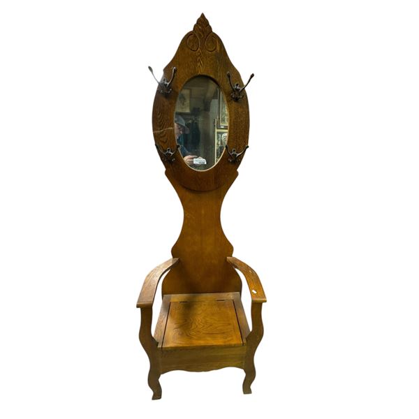 Vintage Oak Mirror Back Hall Bench With Storage Under Seat
