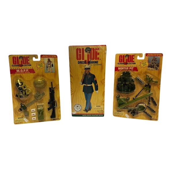 3 Vintage G.I. Joe Toy Collectibles: Mortar Pit Mission Gear, M.O.P.P. Mission Gear & Dress Marine