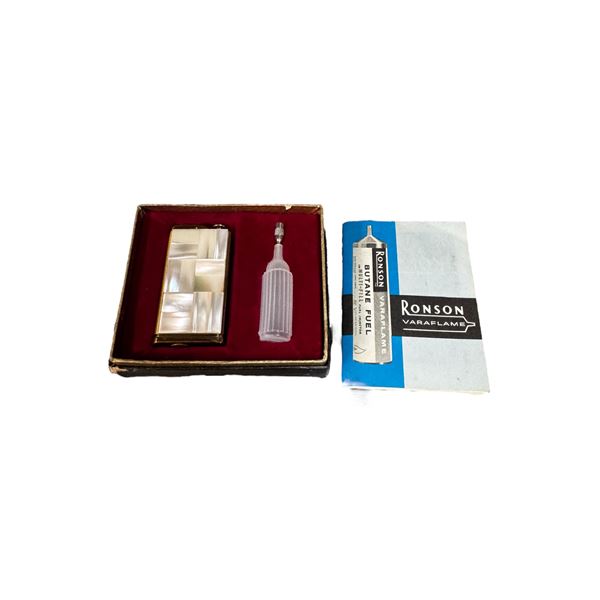 Vintage Ronson Varaflame Mother of Pearl Inlay Lighter w Box and Filler bottle