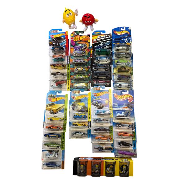 Various Hot Wheels, The Simpsons Shot Glasses, & 2 M&M Guys