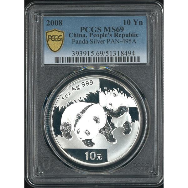 China, 2008, Panada 10 Yuen, 1 Oz, 0999Ag. PCGS MS69.
