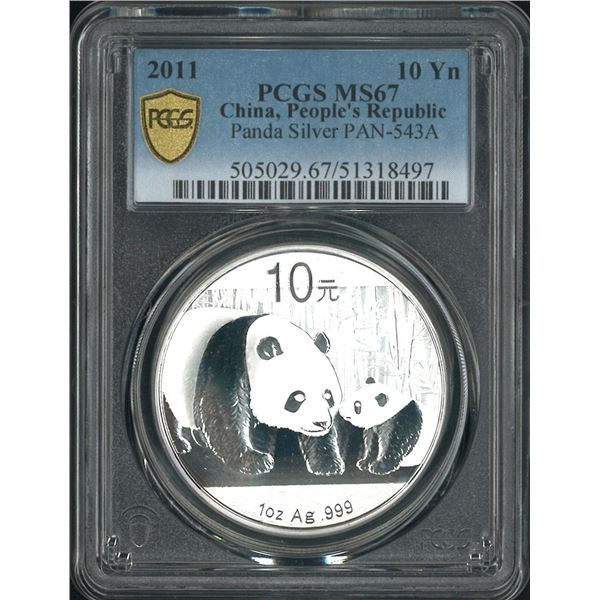 China, 2011, Panada 10 Yuen, 1 Oz, 0999Ag. PCGS MS67.