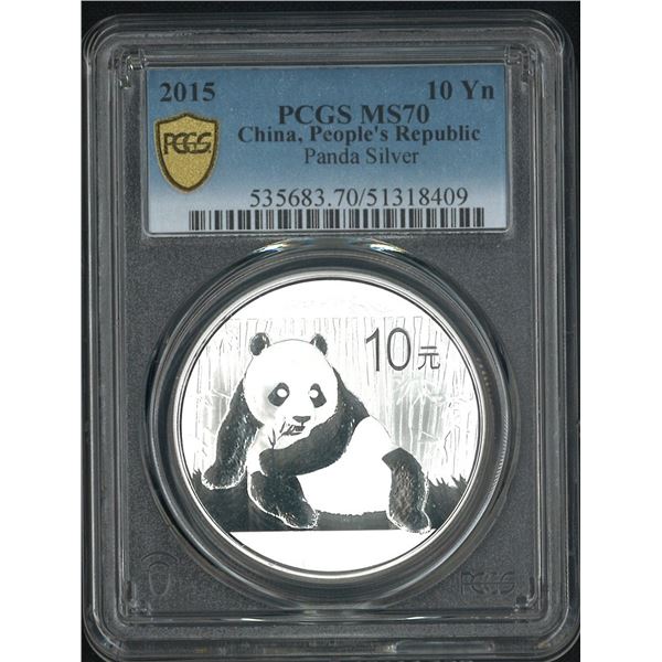 China, 2015, Panada 10 Yuen, 1 Oz, 0999Ag. PCGS MS70.