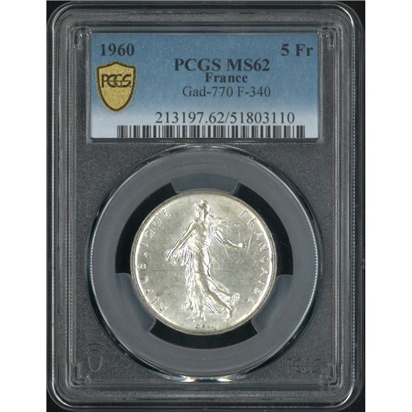 France, 1960, 5 Fr silver coin, PCGS MS62.