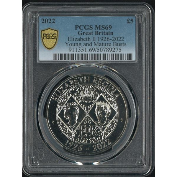 [Top Pop] Great Britain, 2022 Elizabeth II 1926 -2022 Young and Mature Busts, £5. PCGS MS69. Only 3 