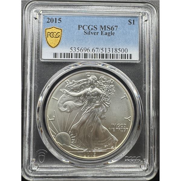 USA, 2015, Silver Eagle $1, 1 Oz fine silver coin. PCGS MS67.