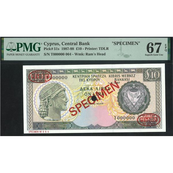 Cyprus, 1987-88, £10, T000000 064. PMG 67EPQ. DeLaRue Specimen.