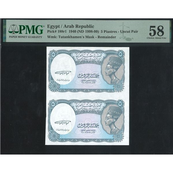 Egypt, 1940 (ND 1998-99), 5 Piastres. PMG 58. Uncut Pair. Remainder.