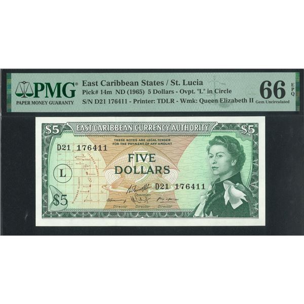East Caribbean States/ St. Luica, ND (1965), $5, D21 176411. PMG 66EPQ.
