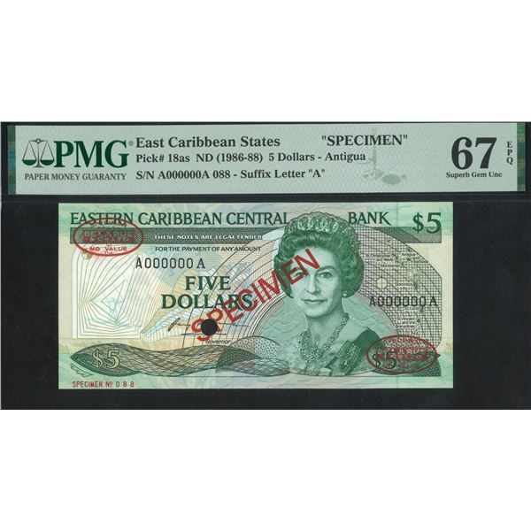 East Caribbean States, ND (1986-88), $5, A000000A 088. PMG 67EPQ. DeLaRue Specimen.