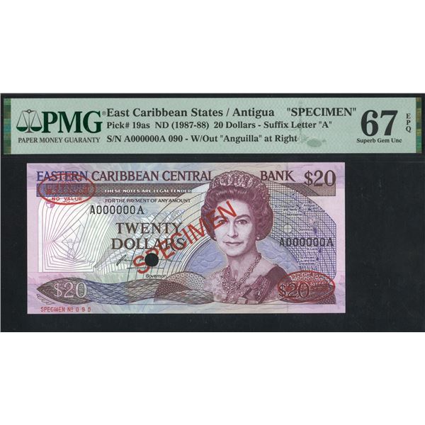 East Caribbean States/ Antigua, ND (1987-88), 20 Dollars, A000000A 090. PMG 67EPQ. DeLaRue Specimen.