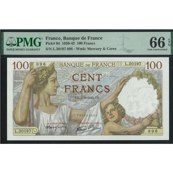 France, 1942, 100 Francs, L.30197 896. PMG 66EPQ.