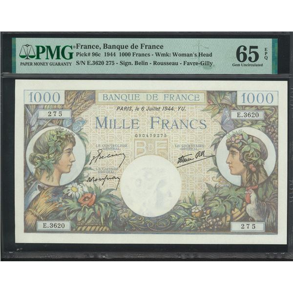 France, 1944, 1000 Francs, E.3620 275. PMG 65EPQ.