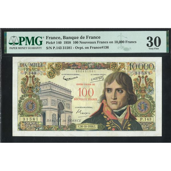 France, 1958, overprinted 100 Nouveaux Francs on 10,000 Francs, P.143 31581. PMG 30. Rare overprinte