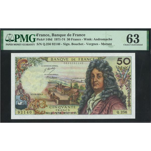 France, 1974, 50 Francs, Q.256 92140. PMG 63. Pinholes