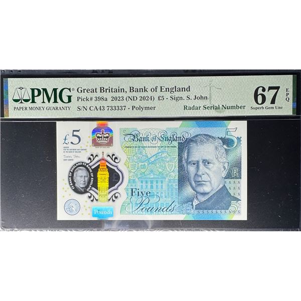 Great Britain, 2023 (ND 2024), £5, CA43 733337. PMG 67EPQ. Radar S/N.