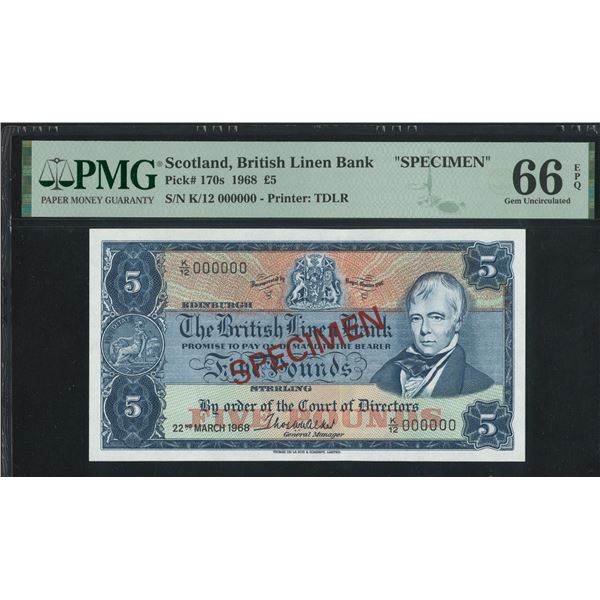 Scotland, The British Linen Bank, 1968, £5, Specimen, K/12 000000. PMG 66EPQ.