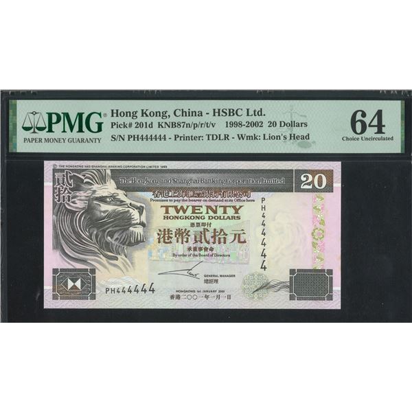 HK & Shanghai Banking Corp., 2001, $20, PH444444. PMG 64. Solid#4.