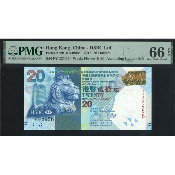 HK & Shanghai Banking Corp., 2012, $20, FY123456. PMG 66EPQ. Ascen木ing S/N.