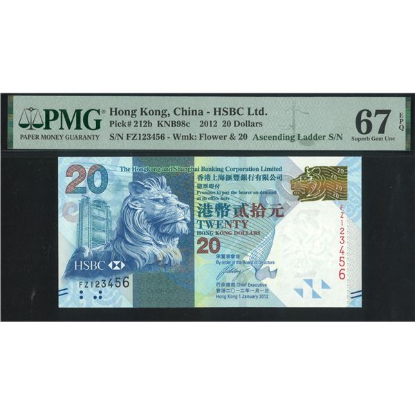 HK & Shanghai Banking Corp., 2012, $20, FZ123456. PMG 67EPQ. Ascending S/N.